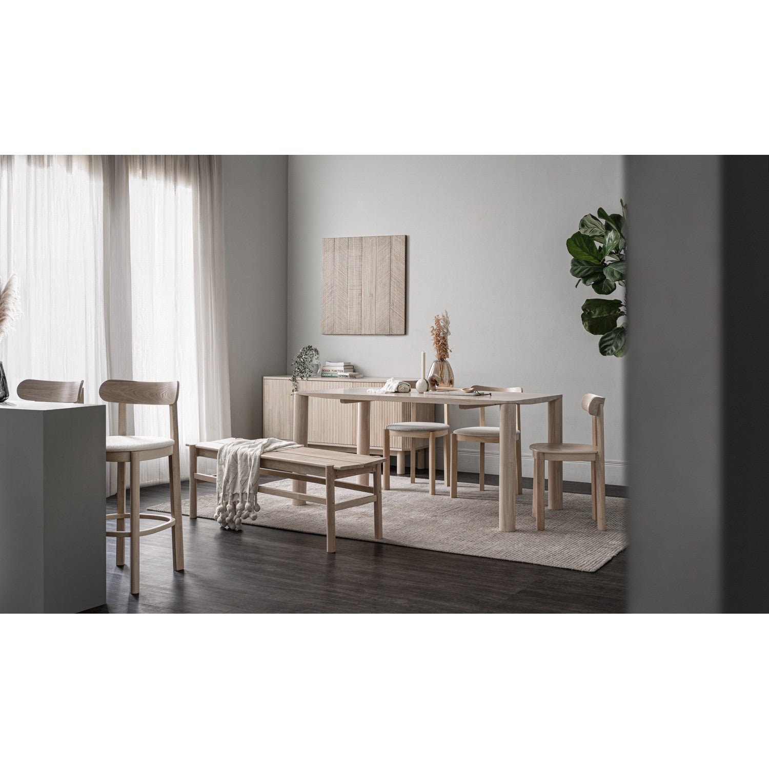 (2set) Lowen Dining Chair with White Wash colour frame, Light Grey colour Rubby fabric seat.