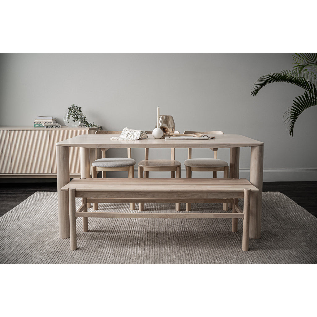 (2set) Lowen Dining Chair with White Wash colour frame, Cream White colour Rubby fabric seat.