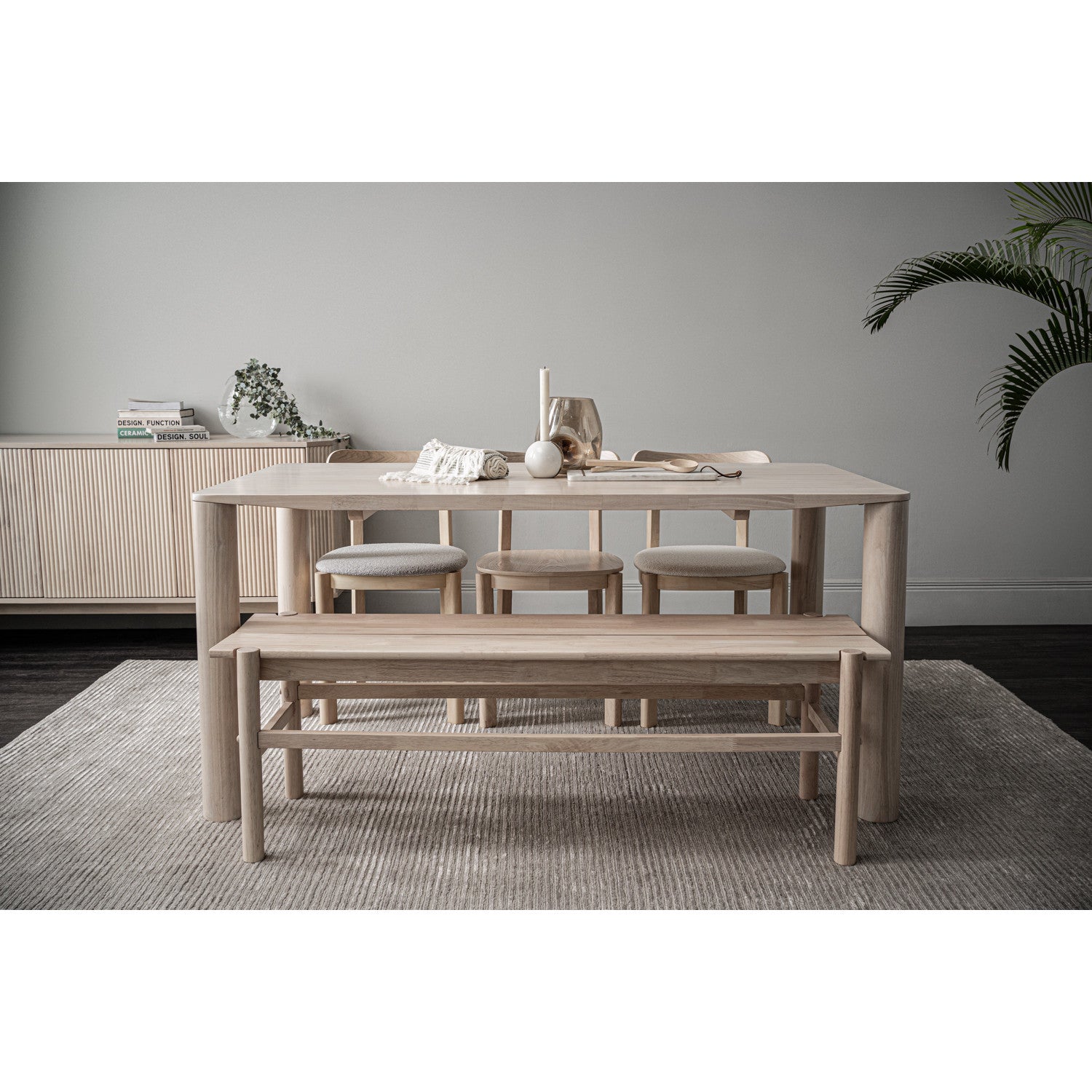 (2set) Lowen Dining Chair with White Wash colour frame, Cream White colour Rubby fabric seat.