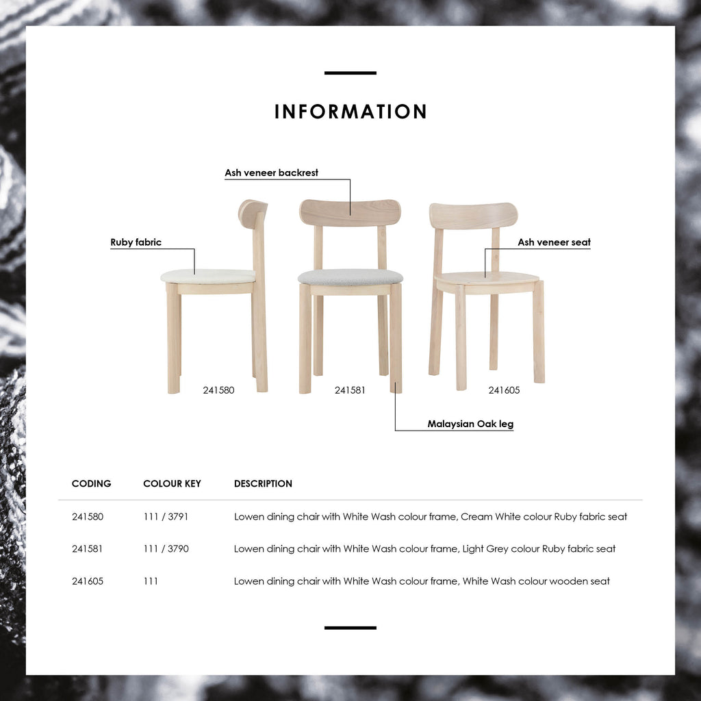 (2set) Lowen Dining Chair with White Wash colour frame, Cream White colour Rubby fabric seat.