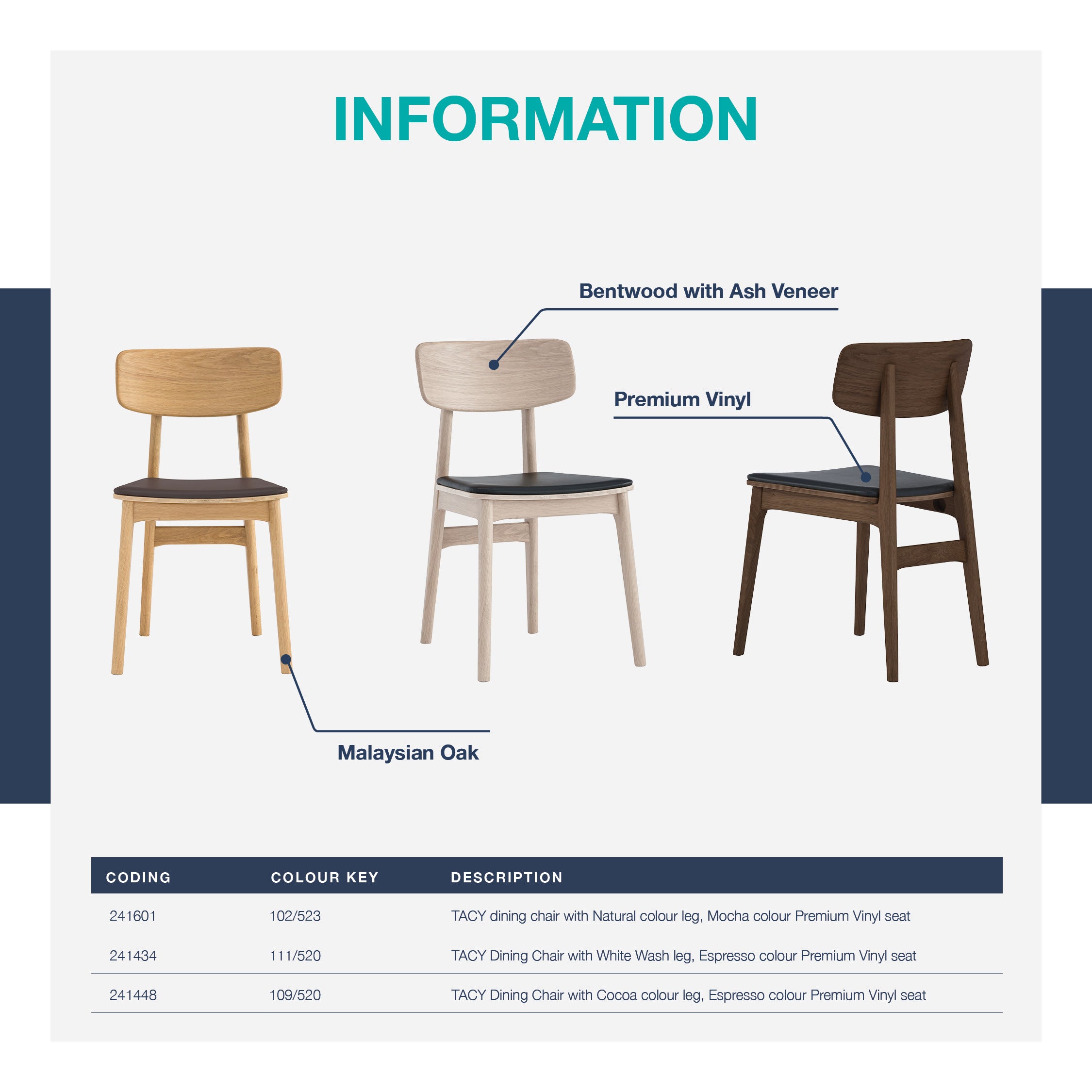 (2set) Tacy dining chair with Natural colour leg, Mocha colour Premium Vinyl seat.