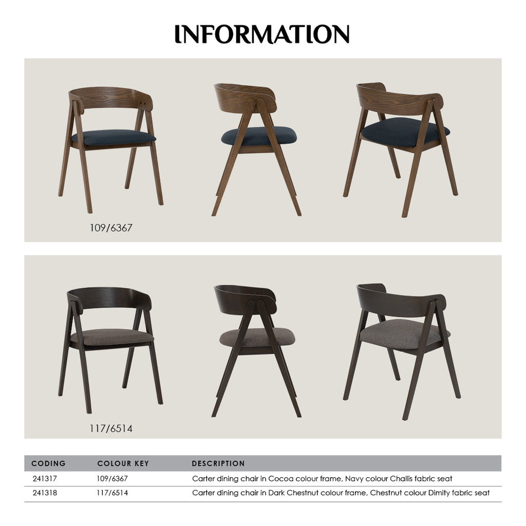 (2set) Carter dining chair in Cocoa colour frame, Navy colour Challis fabric seat.