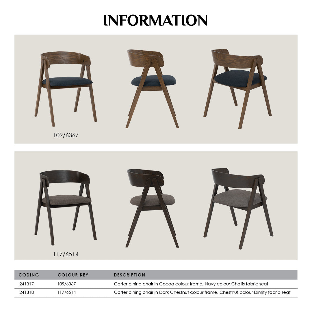 (2set) Carter dining chair in Cocoa colour frame, Navy colour Challis fabric seat.