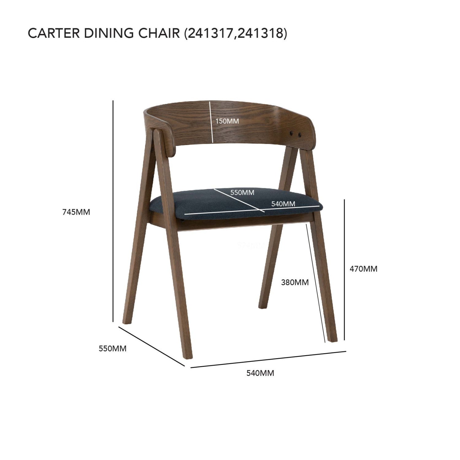 (2set) Carter dining chair in Dark Chestnut colour frame, Chestnut colour Dimity fabric seat