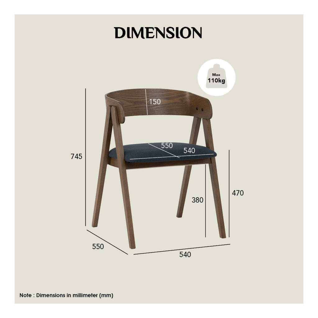 (2set) Carter dining chair in Dark Chestnut colour frame, Chestnut colour Dimity fabric seat