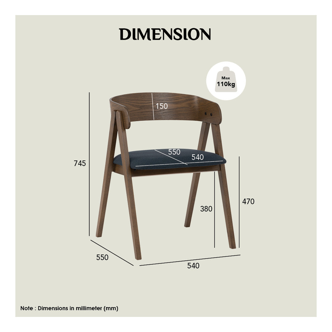 (2set) Carter dining chair in Dark Chestnut colour frame, Chestnut colour Dimity fabric seat