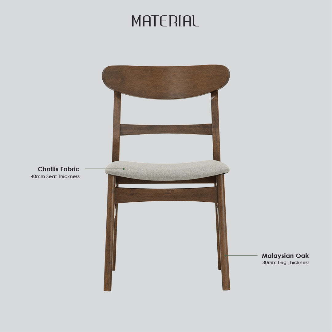 (2set) Marlo dining chair in Cocoa colour frame, Light Grey colour Challis fabric cushion seat.