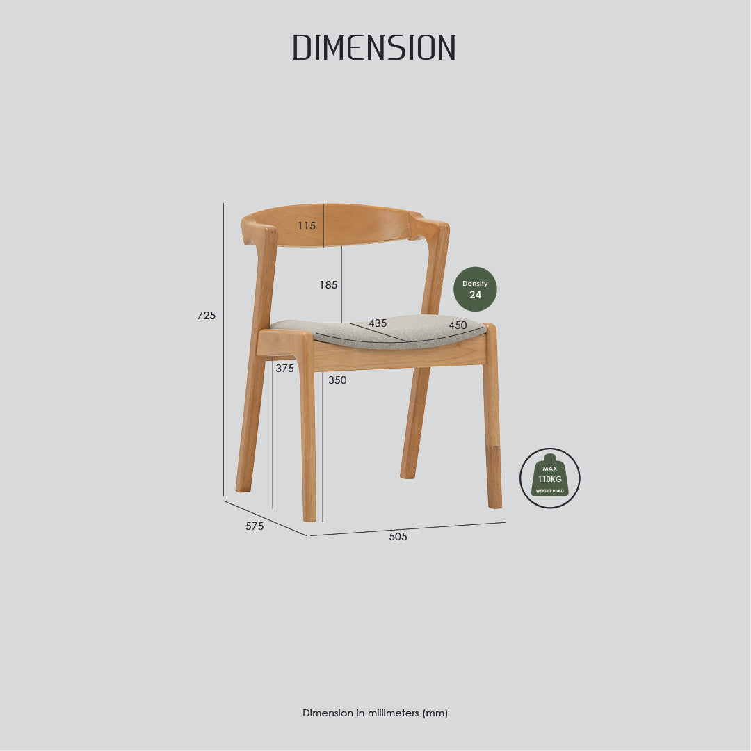 (2set) Nazo dining chair in Natural colour frame, Light Grey colour Challis fabric cushion seat.