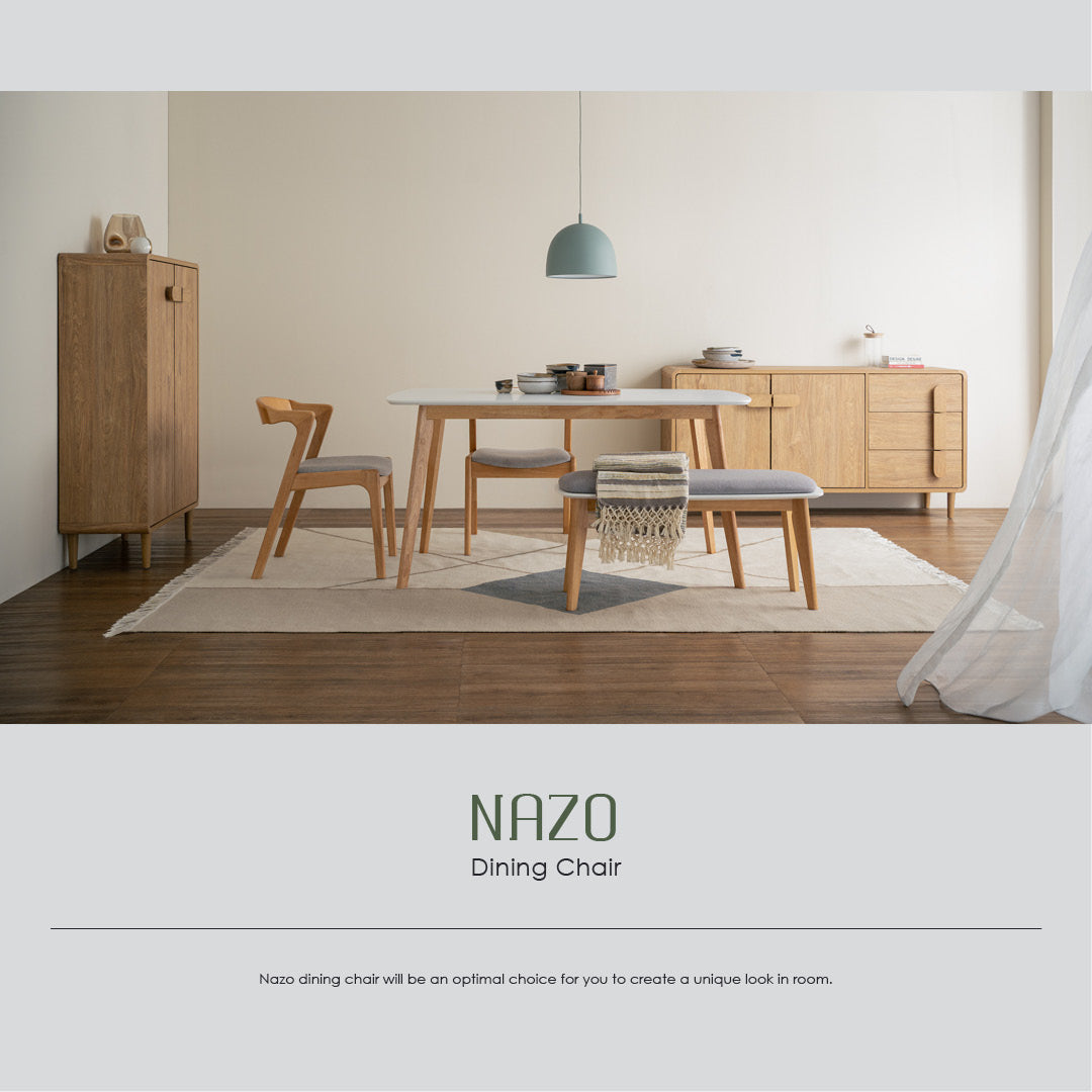 (2set) Nazo dining chair in Natural colour frame, Light Grey colour Challis fabric cushion seat.