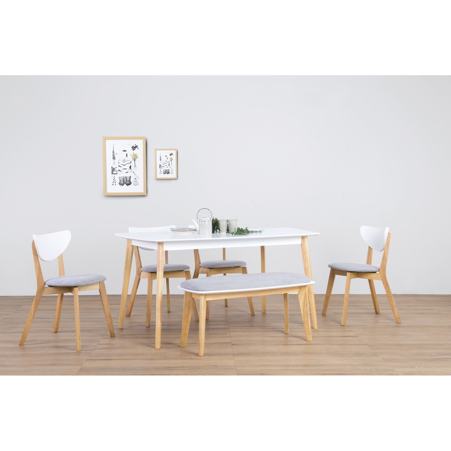 (2Sets) Naida dining chair in Natural colour frame, White lacquered backrest, Light Grey colour Drill fabric.