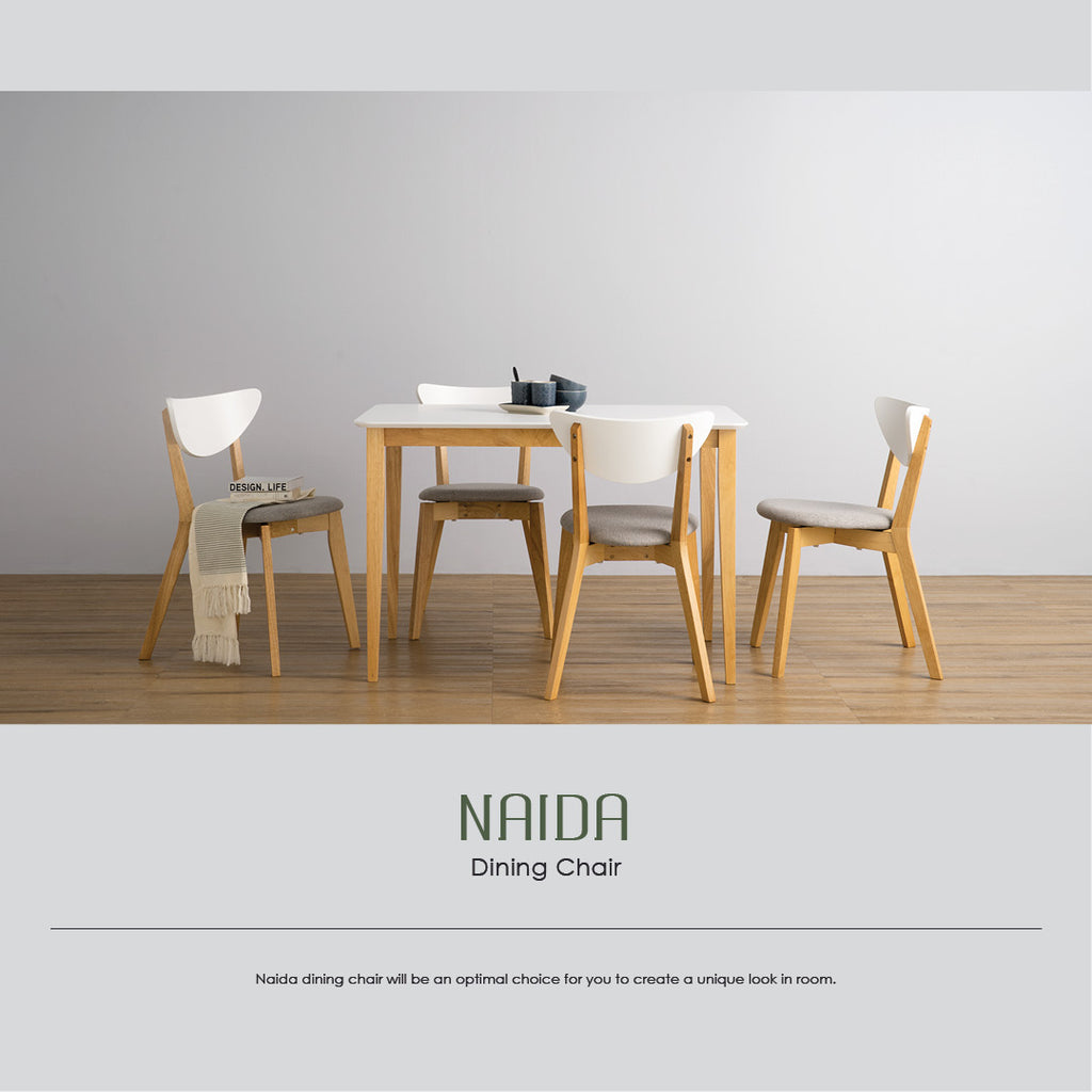 (2Sets) Naida dining chair in Natural colour frame, White lacquered backrest, Light Grey colour Drill fabric.