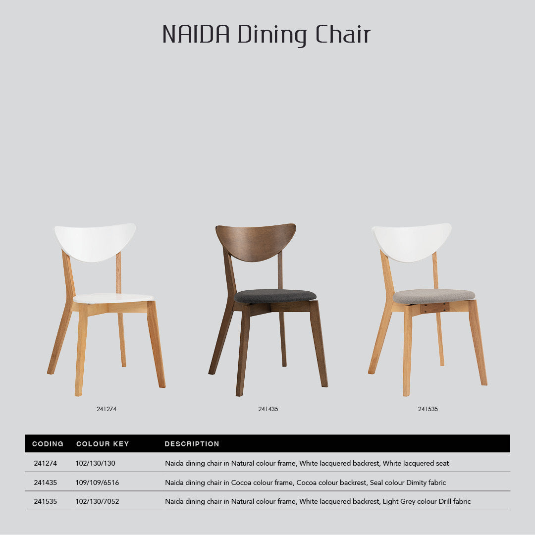 (2Sets) Naida dining chair in Natural colour frame, White lacquered backrest, Light Grey colour Drill fabric.