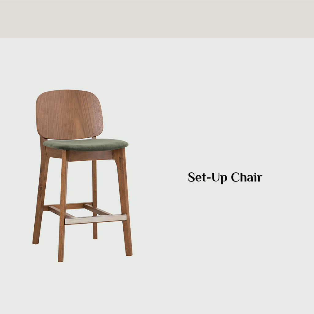 Cora counter chair in Cocoa colour frame, Walnut veneer back and Deep Green colour Danny A fabric seat.