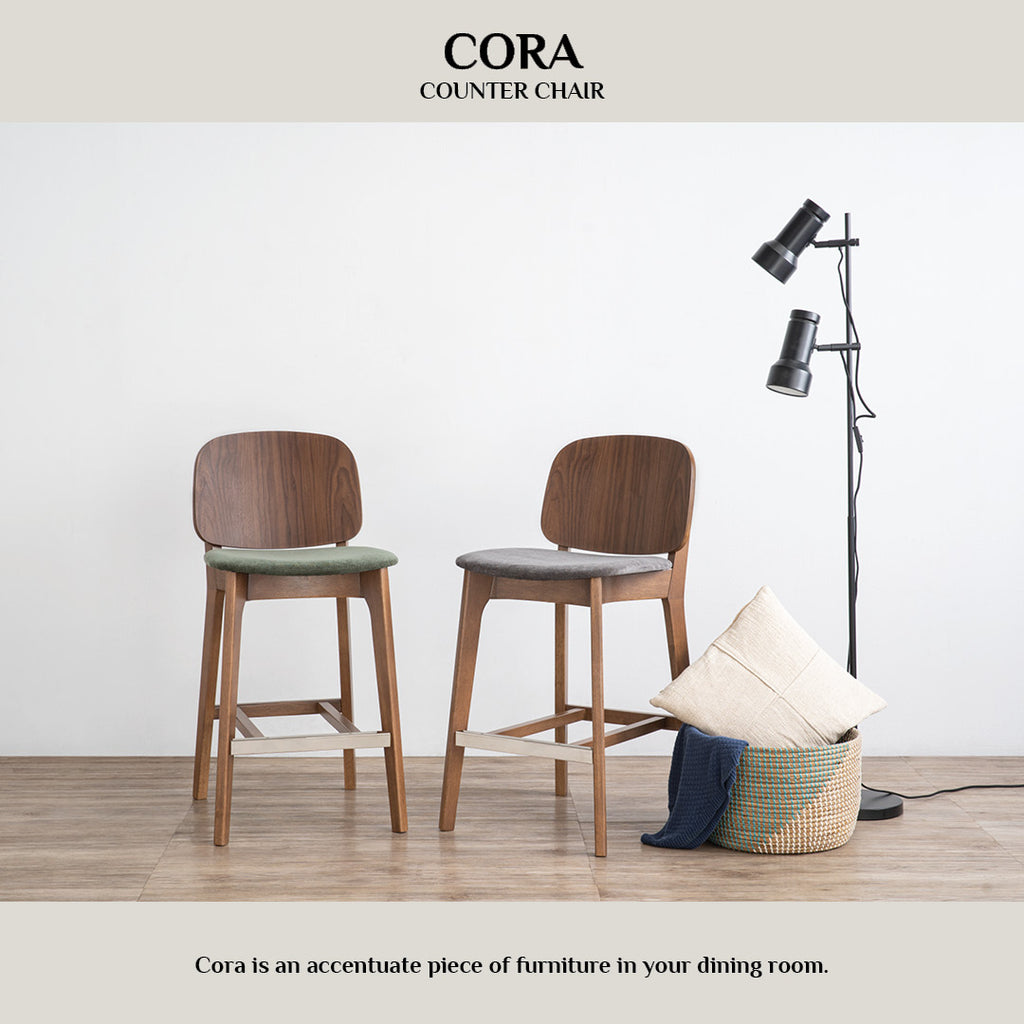 Cora counter chair in Cocoa colour frame, Walnut veneer back and Deep Green colour Danny A fabric seat.