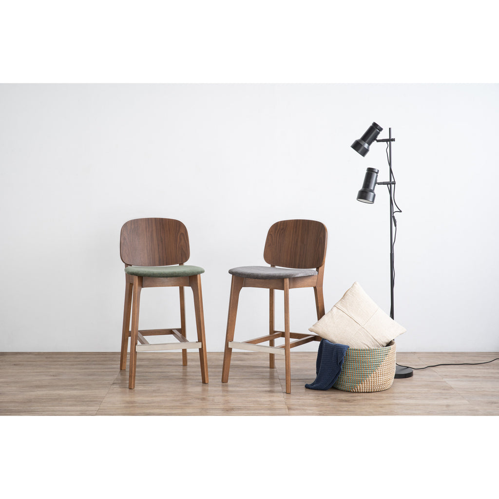 Cora counter chair in Cocoa colour frame, Walnut veneer back and Deep Grey colour Danny A fabric seat.