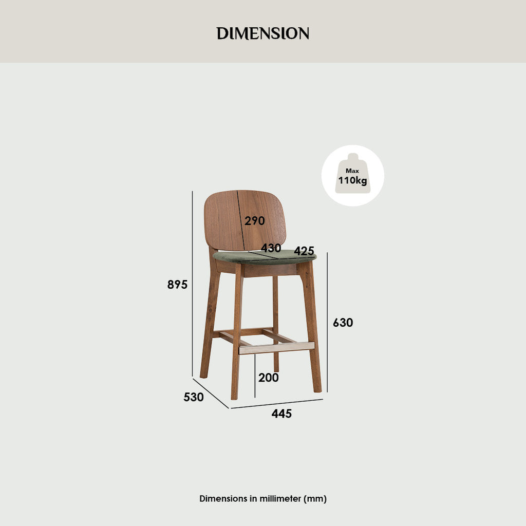 Cora counter chair in Cocoa colour frame, Walnut veneer back and Deep Grey colour Danny A fabric seat.