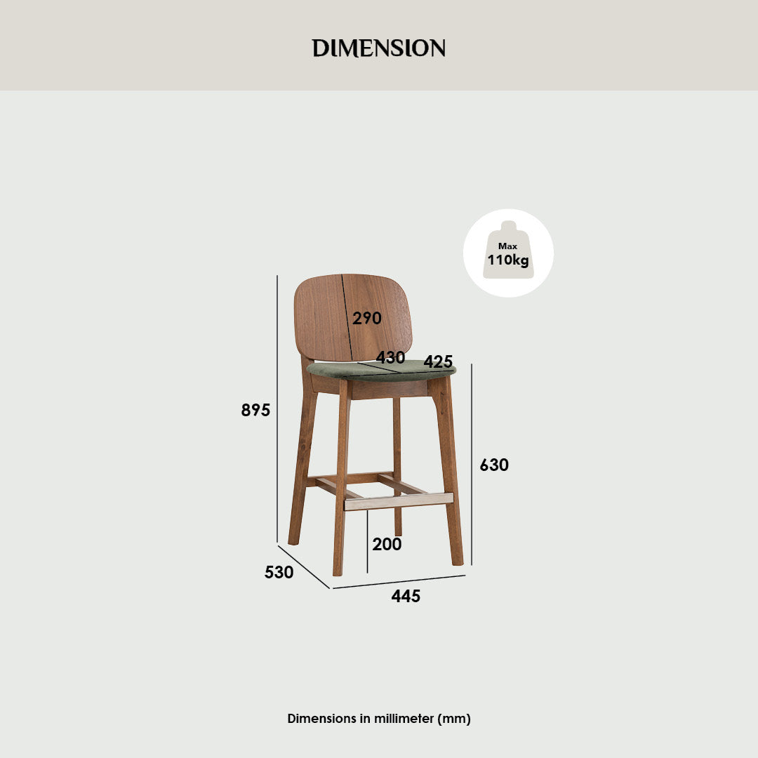 Cora counter chair in Cocoa colour frame, Walnut veneer back and Deep Grey colour Danny A fabric seat.