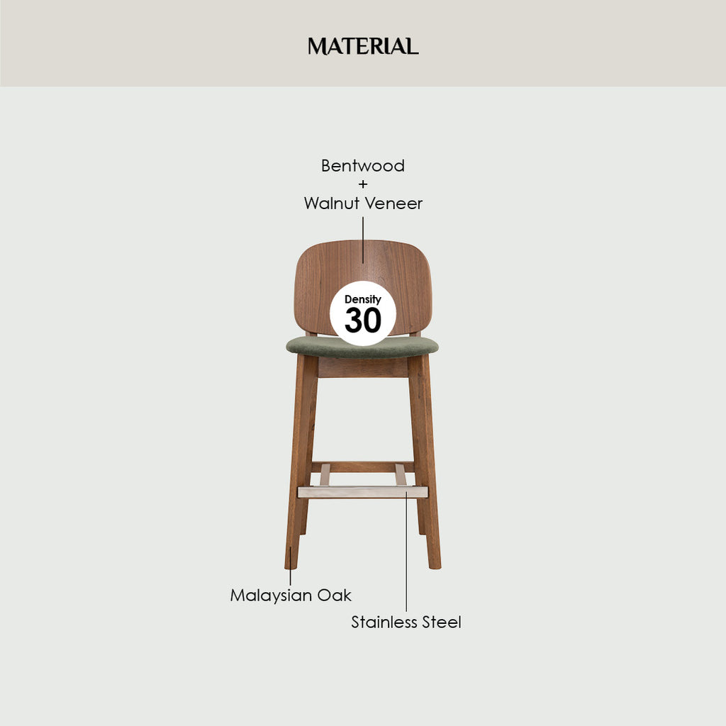 Cora counter chair in Cocoa colour frame, Walnut veneer back and Deep Grey colour Danny A fabric seat.