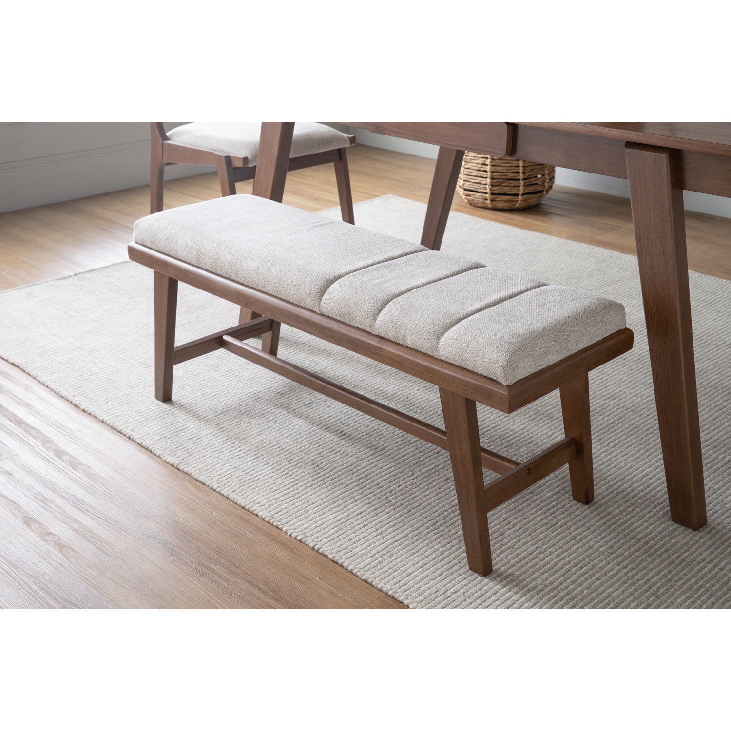 Tomiva 1.15m Bench with Cocoa colour leg, Beige colour Moleen fabric