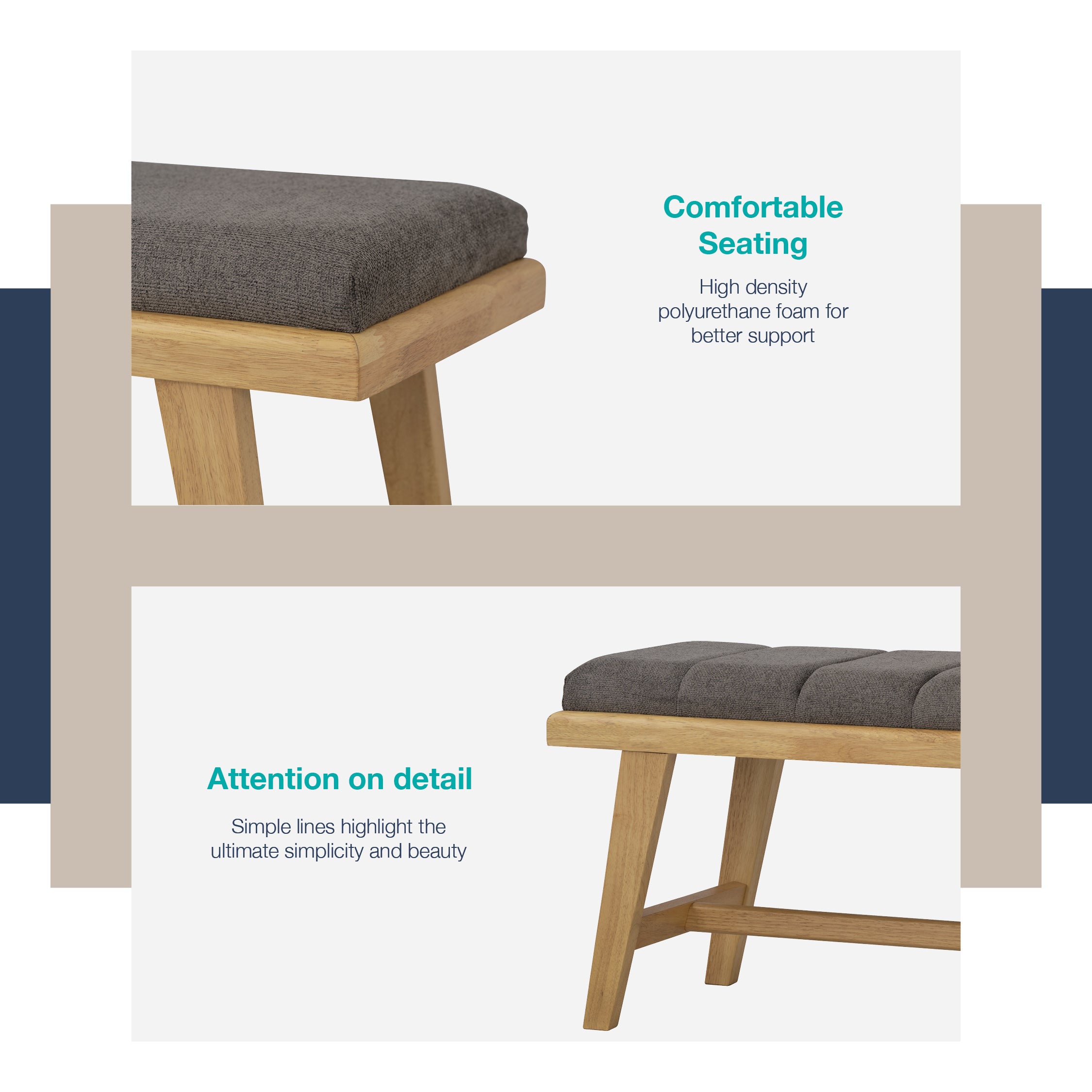 Tomiva 1.15m Bench with Natural colour leg, Beige colour Jersey fabric.