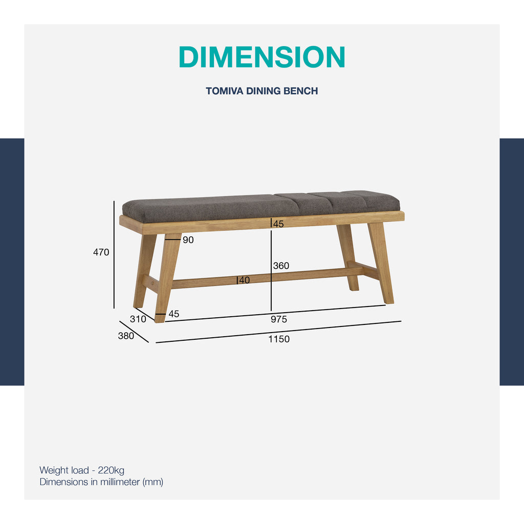 Tomiva 1.15m Bench with Natural colour leg, Beige colour Jersey fabric.
