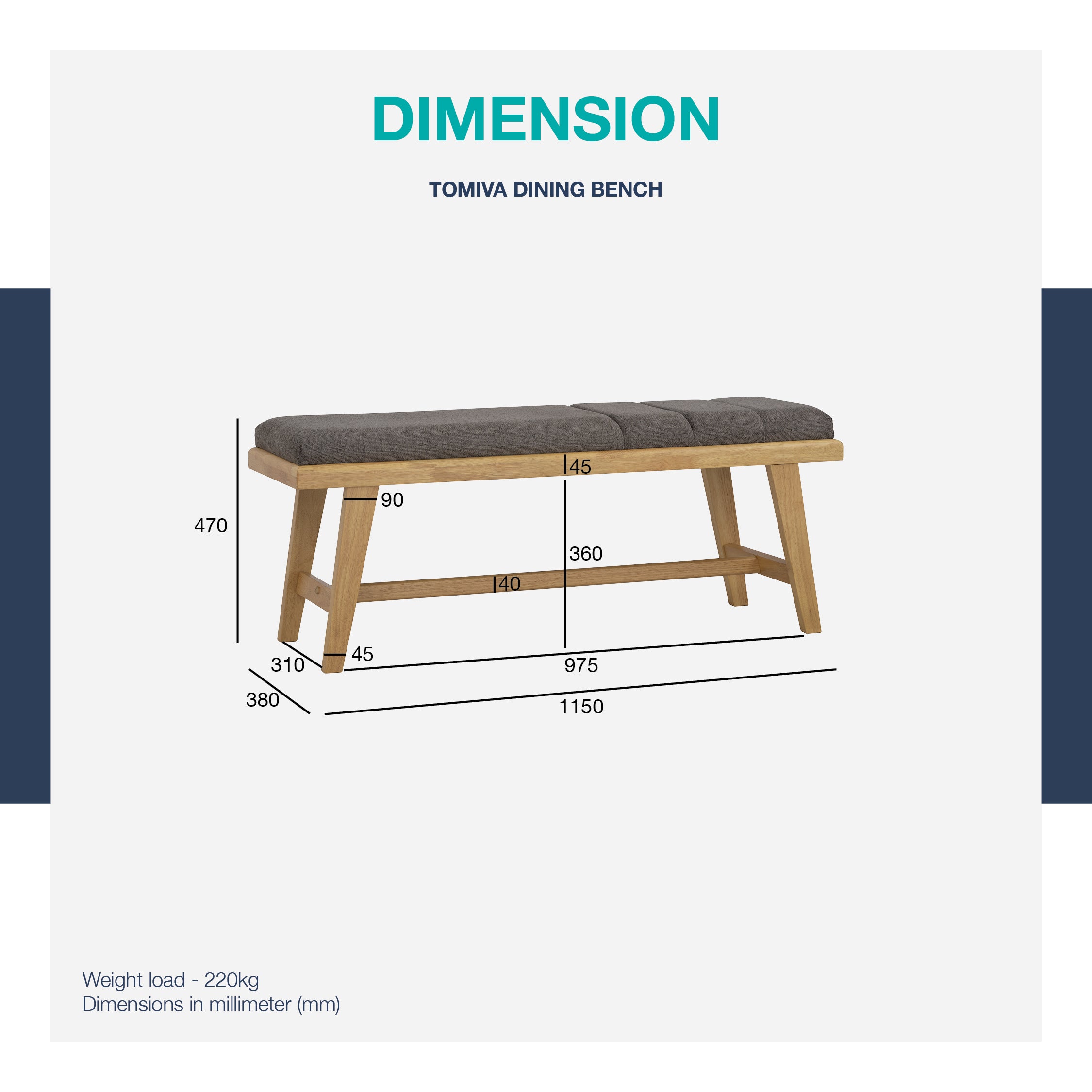 Tomiva 1.15m Bench with Natural colour leg, Beige colour Jersey fabric.