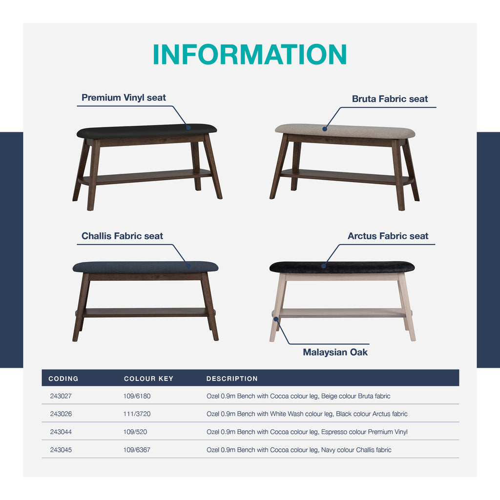 Ozel 0.9m Bench with Cocoa colour leg, Espresso colour Premium Vinyl