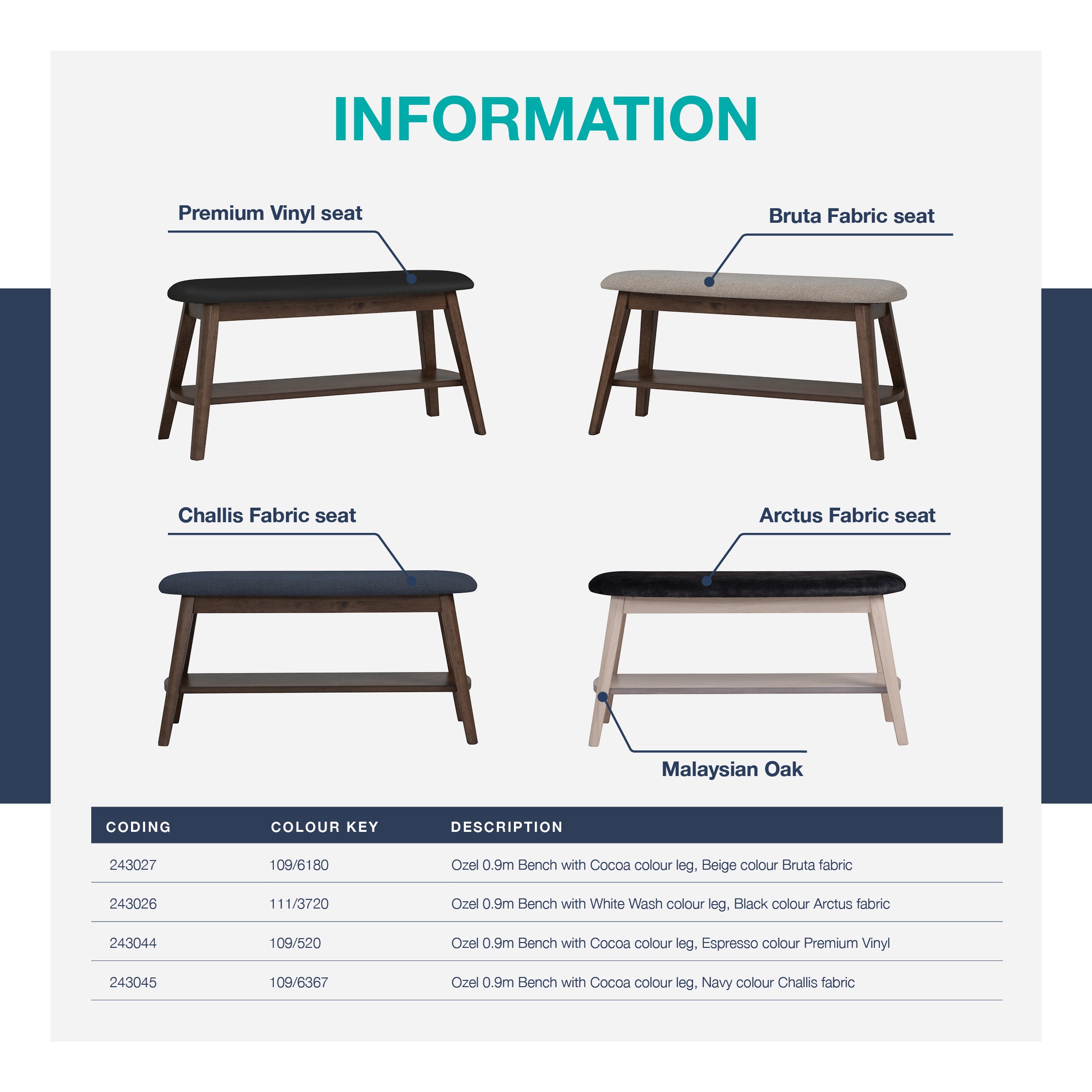 Ozel 0.9m Bench with Cocoa colour leg, Navy colour Challis fabric