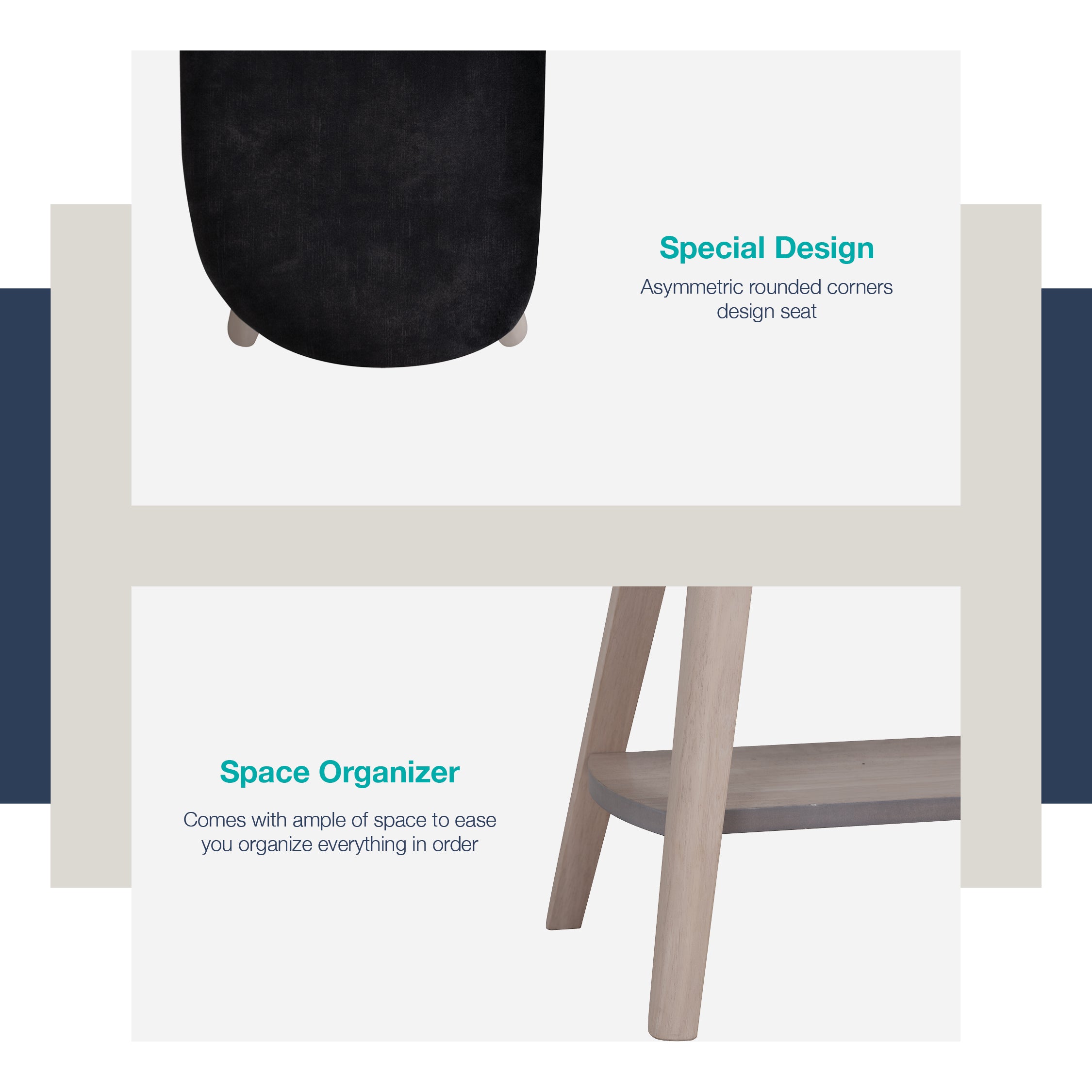 Ozel 0.9m Bench with Cocoa colour leg, Navy colour Challis fabric