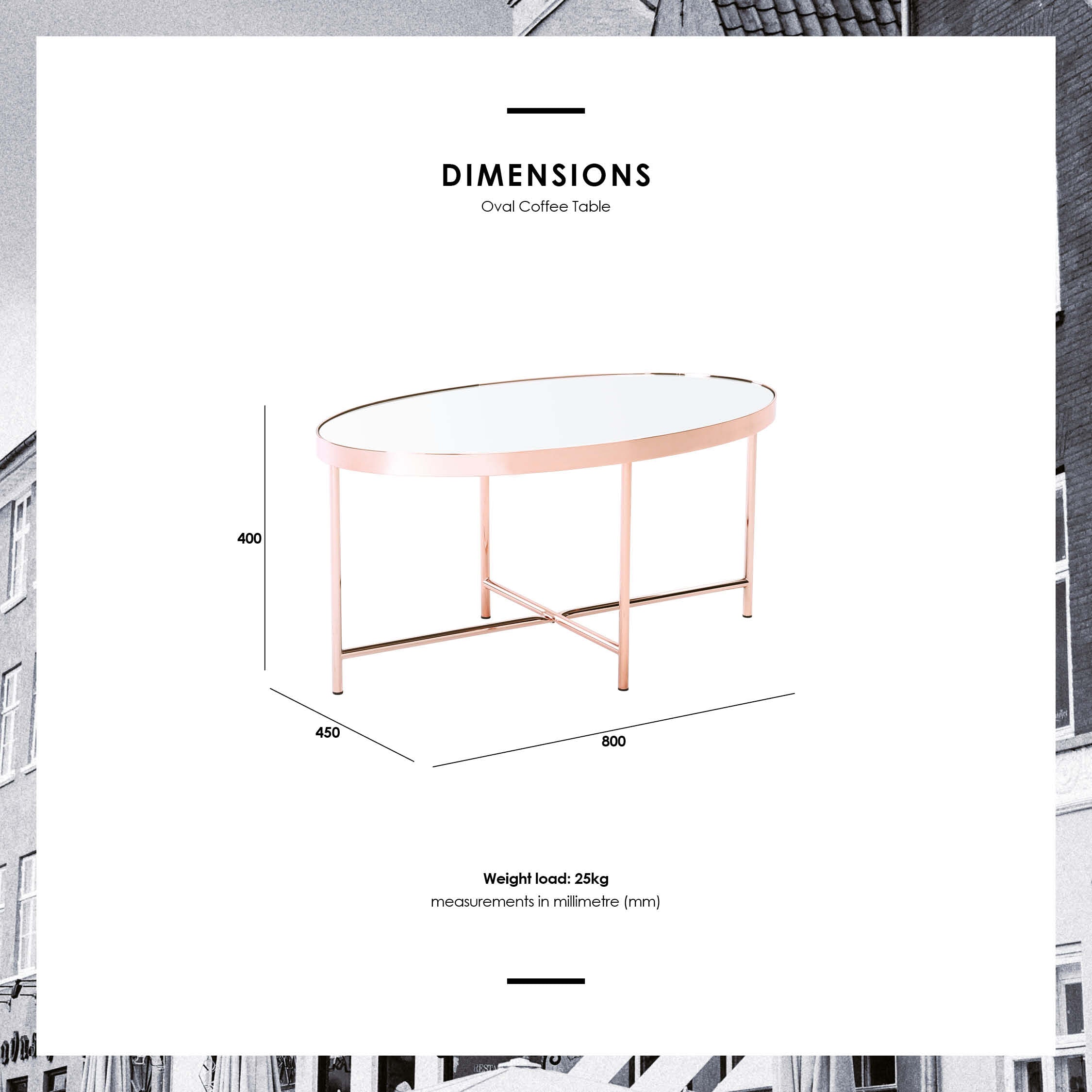 Xander oval coffee table in Copper colour frame with mirror top.