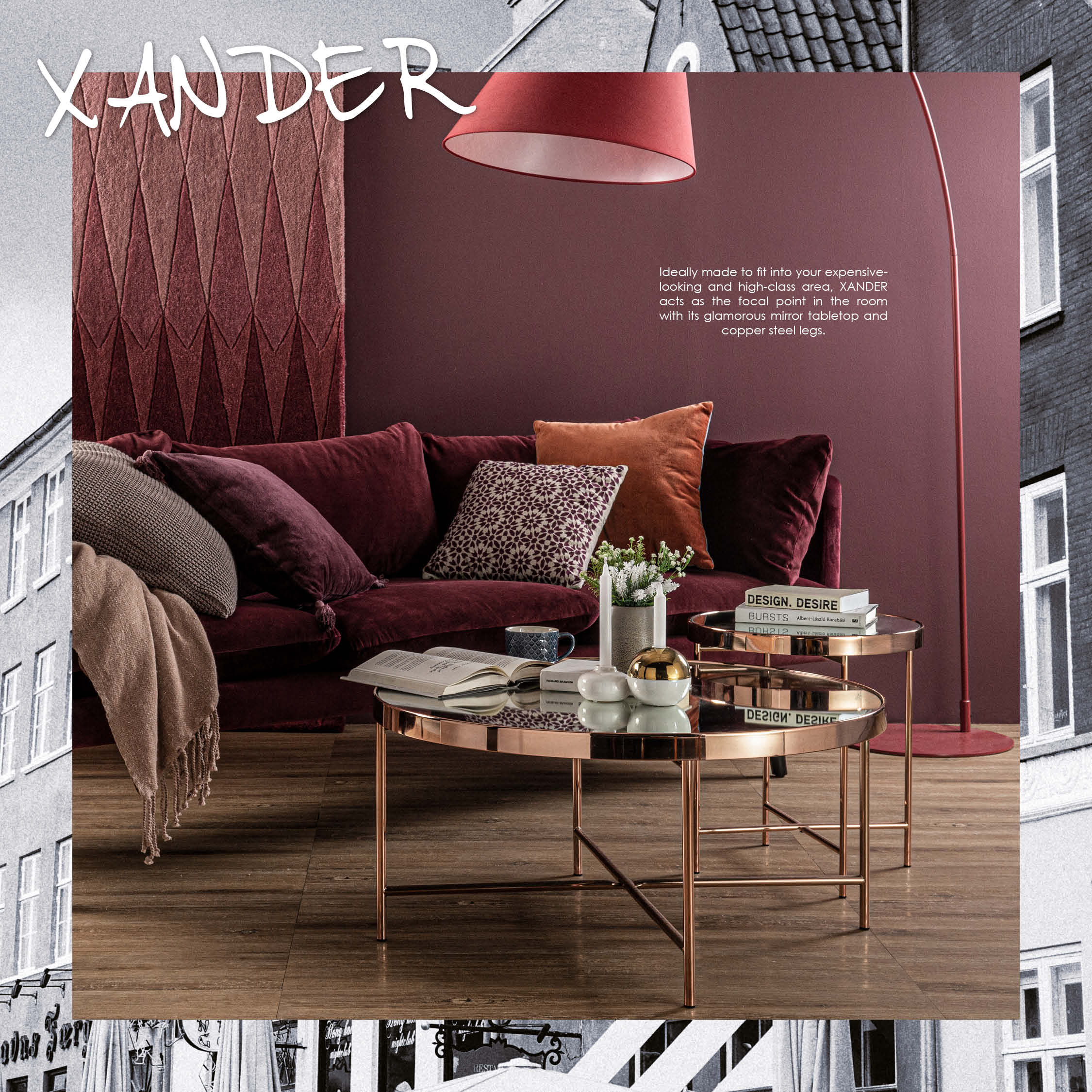 Xander oval coffee table in Copper colour frame with mirror top.