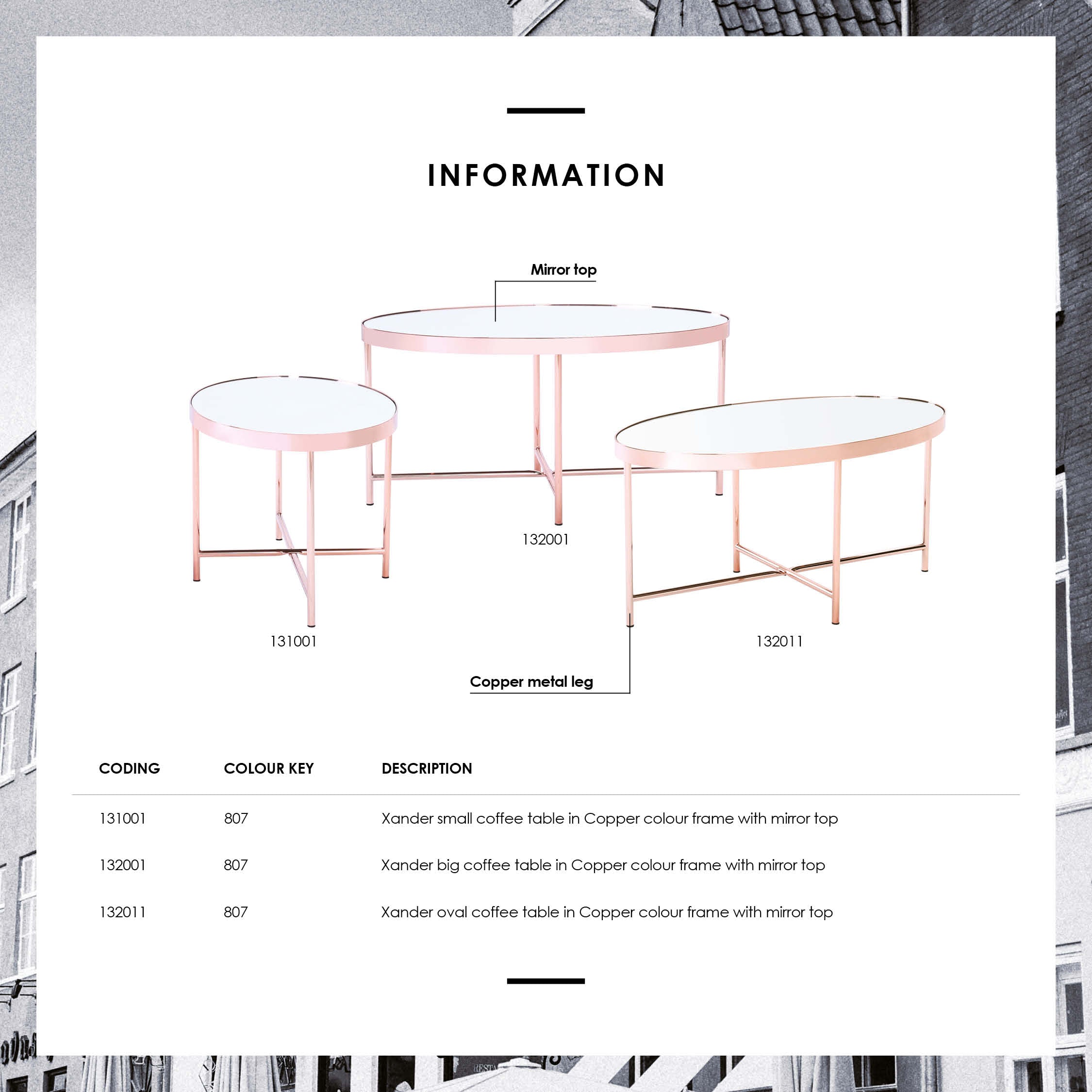 Xander small coffee table in Copper colour frame with mirror top.