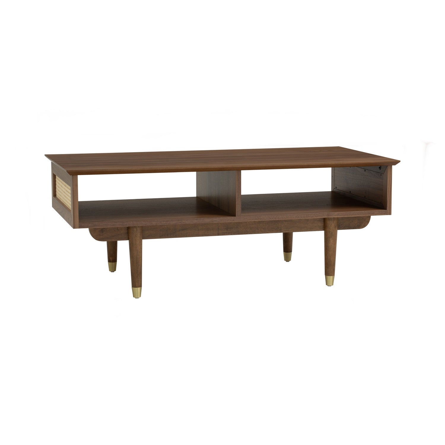 Royston coffee table in Walnut veneer body, Natural colour synthetic rattan side and with Gold colour leg