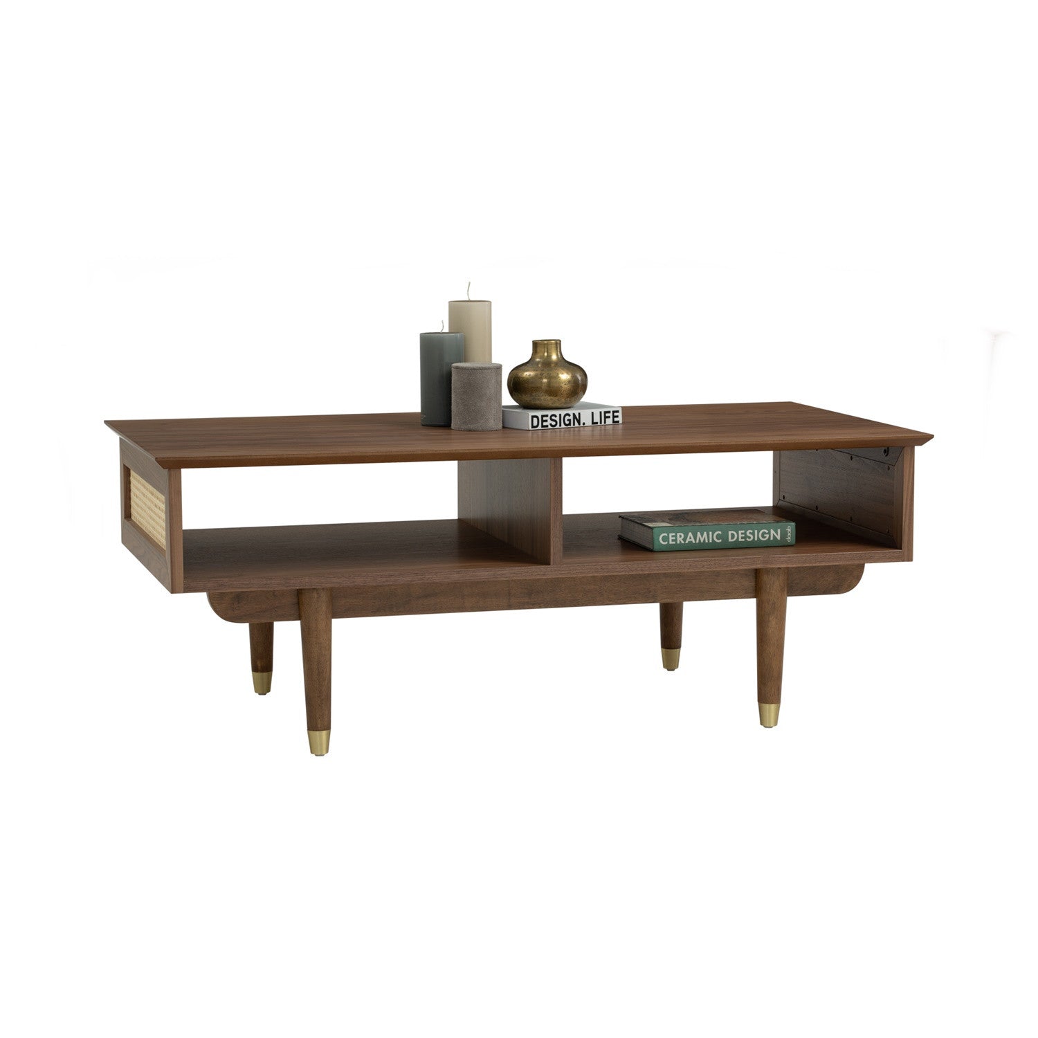 Royston coffee table in Walnut veneer body, Natural colour synthetic rattan side and with Gold colour leg