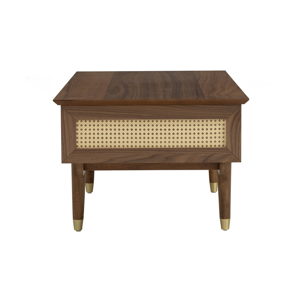 Royston coffee table in Walnut veneer body, Natural colour synthetic rattan side and with Gold colour leg