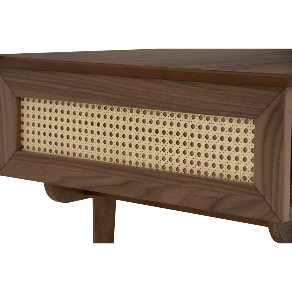 Royston coffee table in Walnut veneer body, Natural colour synthetic rattan side and with Gold colour leg