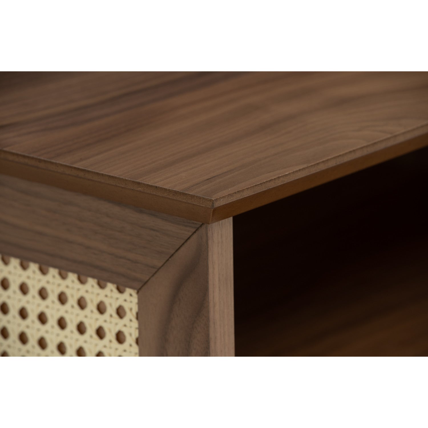 Royston coffee table in Walnut veneer body, Natural colour synthetic rattan side and with Gold colour leg