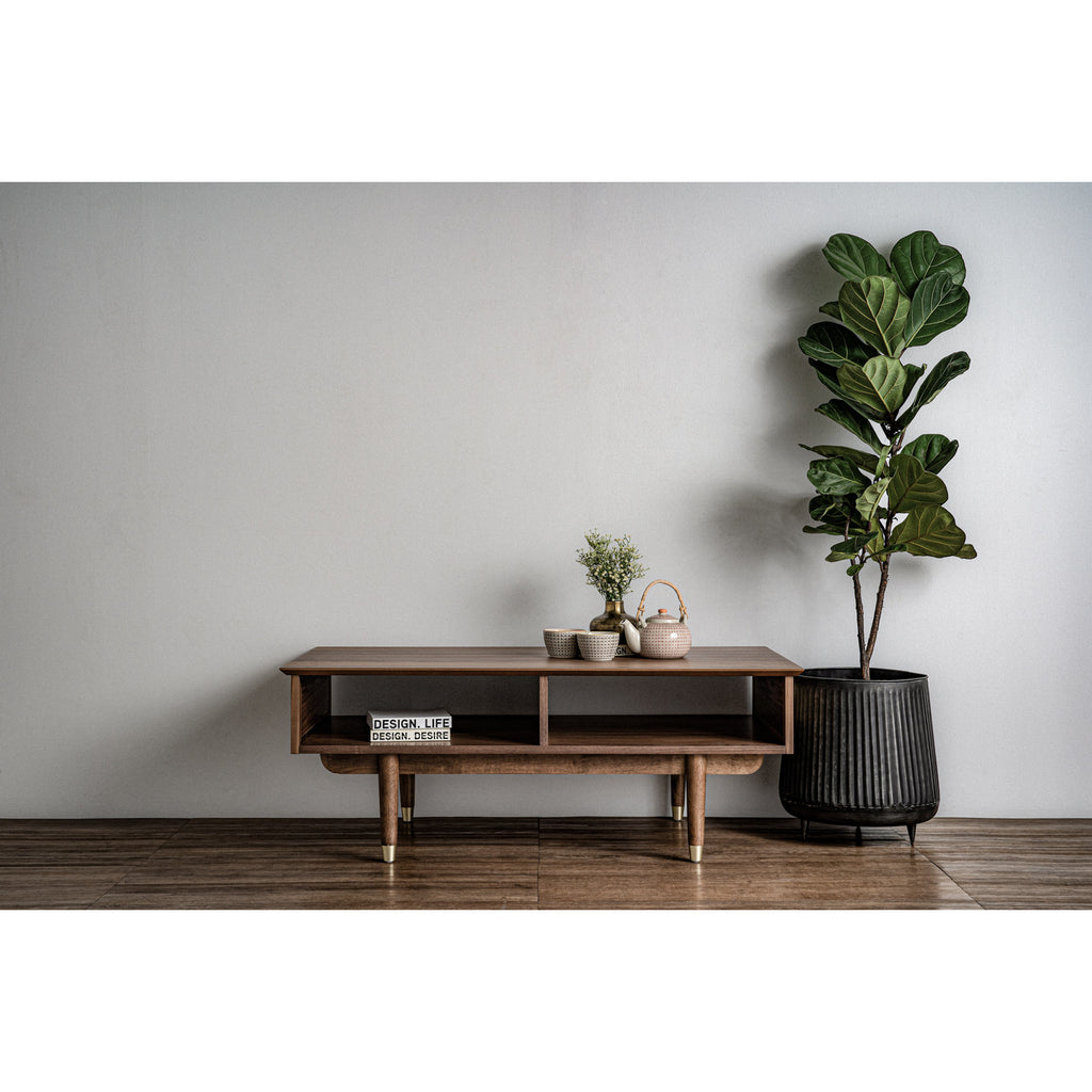 Royston coffee table in Walnut veneer body, Natural colour synthetic rattan side and with Gold colour leg