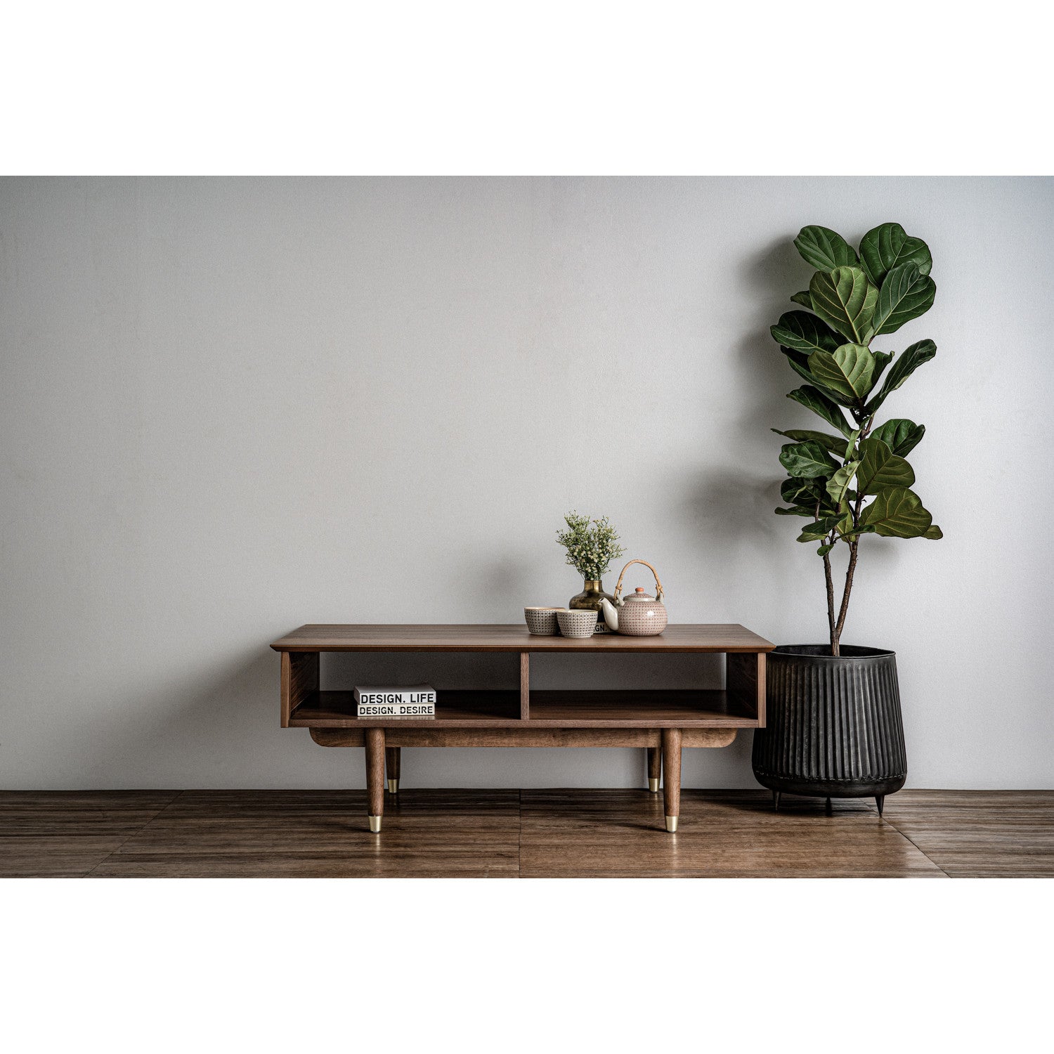 Royston coffee table in Walnut veneer body, Natural colour synthetic rattan side and with Gold colour leg