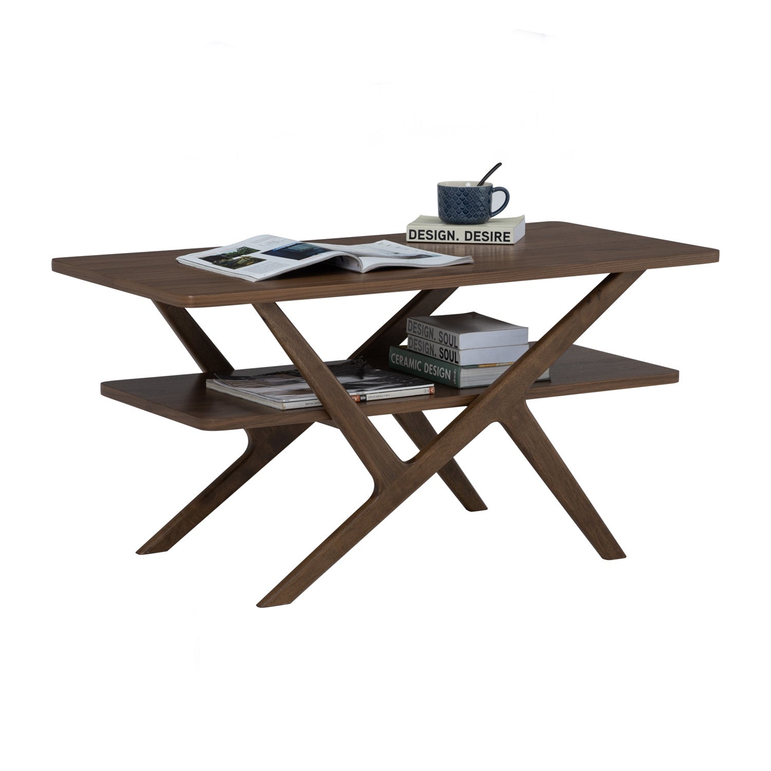 Aston coffee table in Walnut veneer top and shelf, Cocoa colour leg