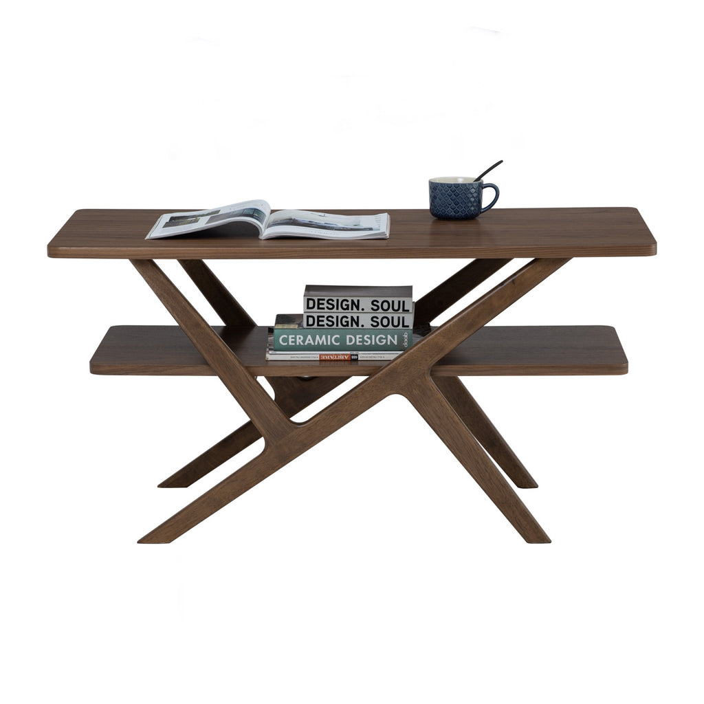 Aston coffee table in Walnut veneer top and shelf, Cocoa colour leg