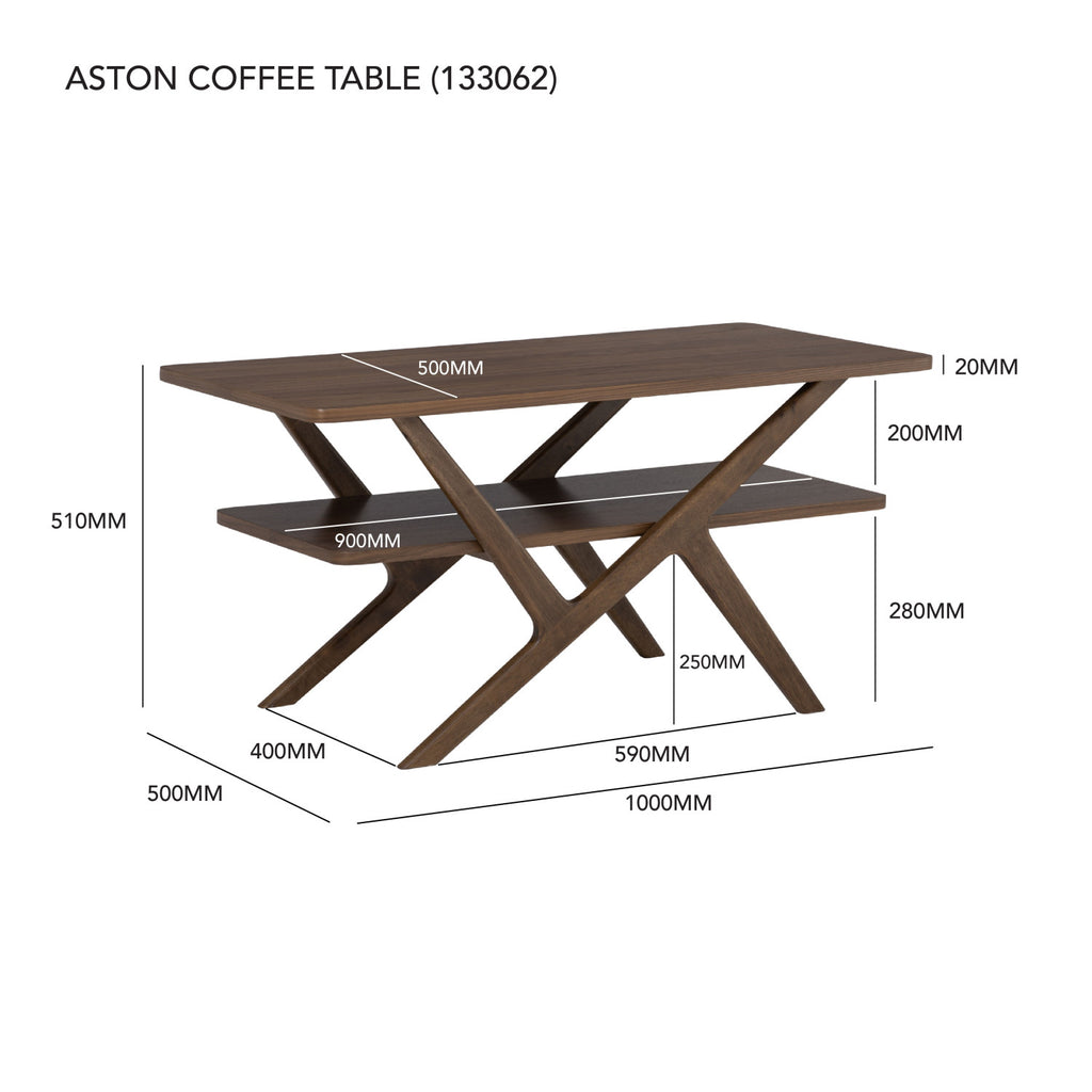 Aston coffee table in Walnut veneer top and shelf, Cocoa colour leg