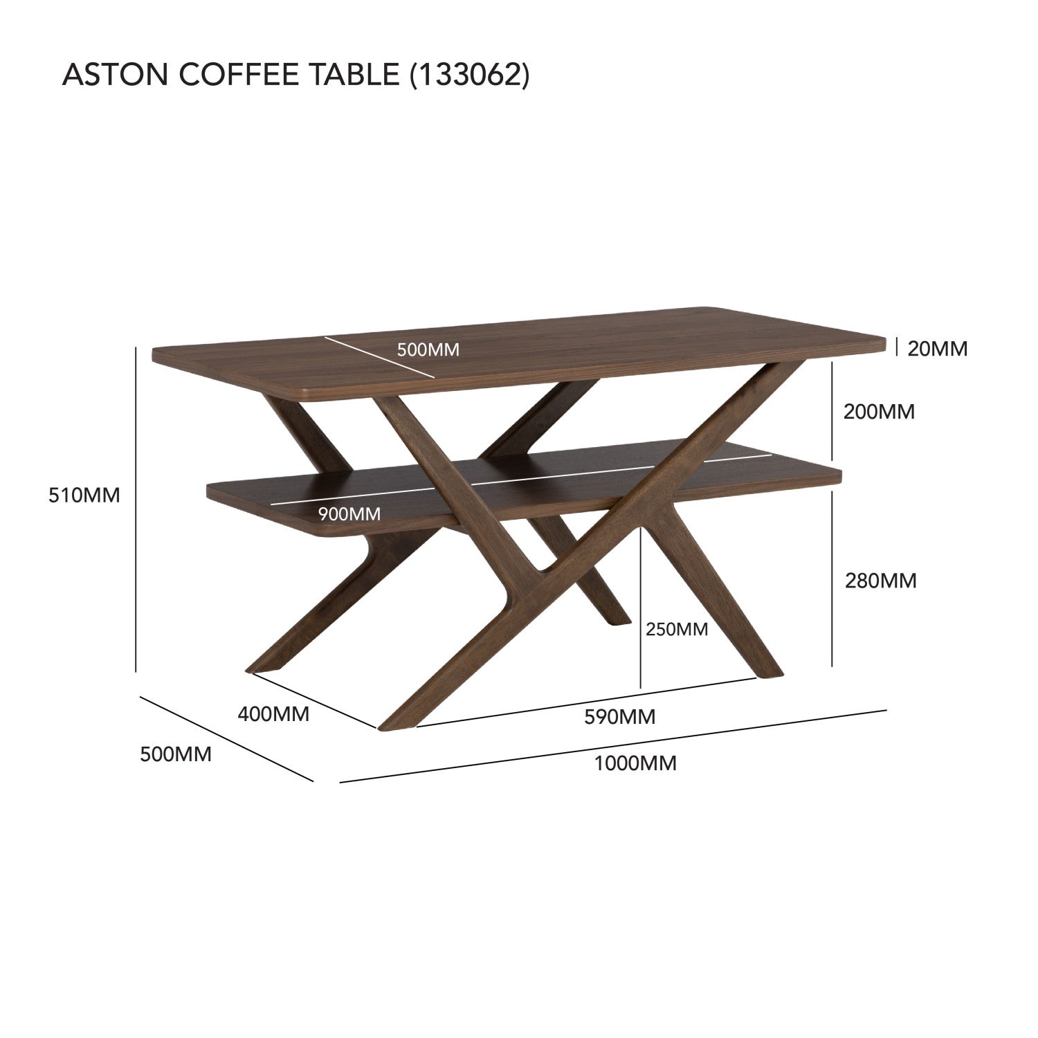 Aston coffee table in Walnut veneer top and shelf, Cocoa colour leg