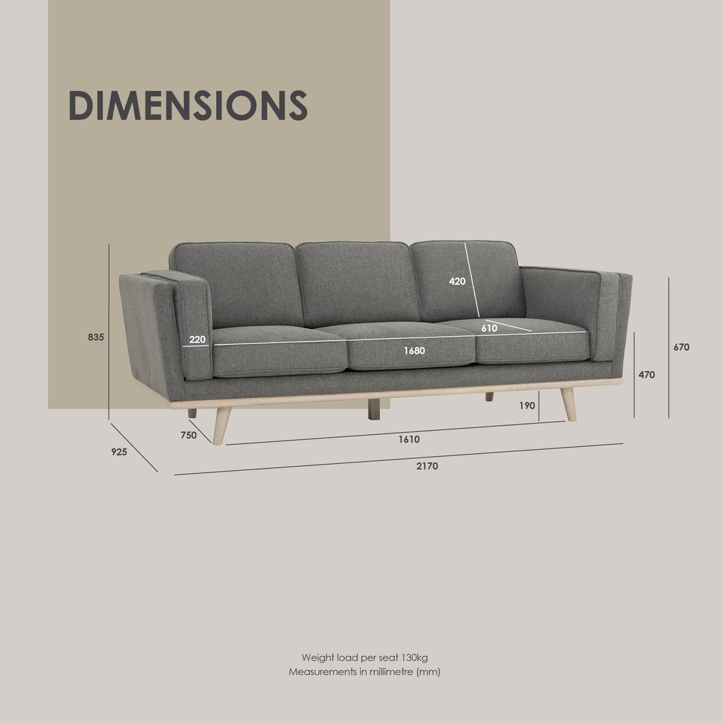 Civic 3 Seater Sofa in Cocoa colour leg, Cream colour pet-friendly fabric.