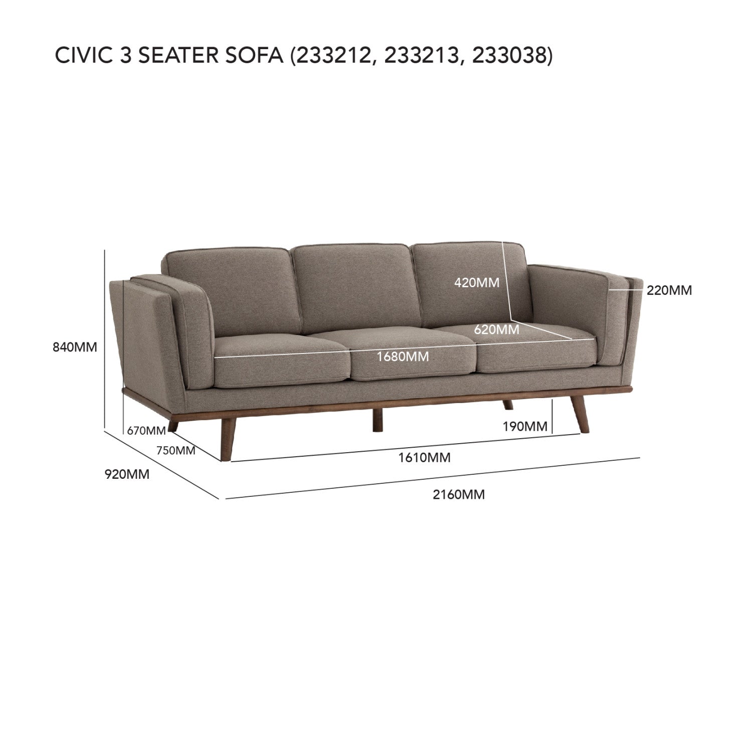 Civic 3 Seater Sofa in Cocoa colour leg, Harmonic Tan colour Dimity fabric