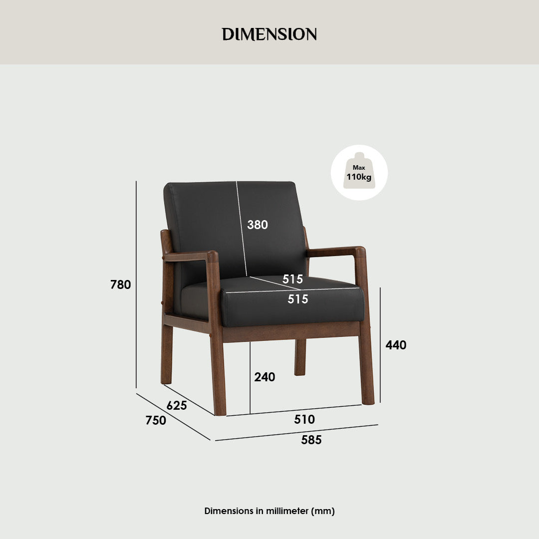 Mendo 1 seater sofa with Cocoa colour leg, Espresso colour Premium Vinyl