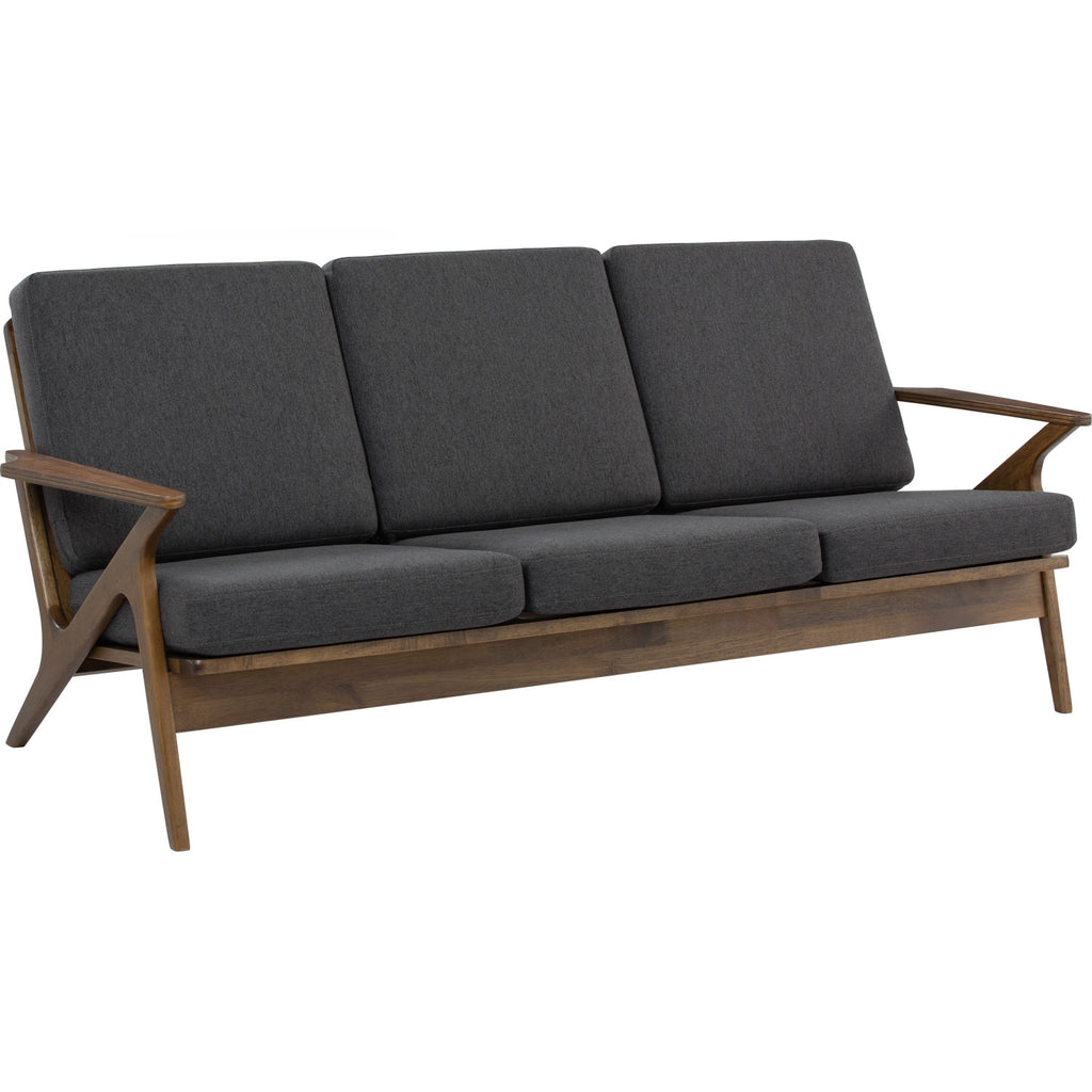 Aston 3 seater sofa in Cocoa colour frame, Walnut veneer handle with Seal colour Dimity fabric cushion.