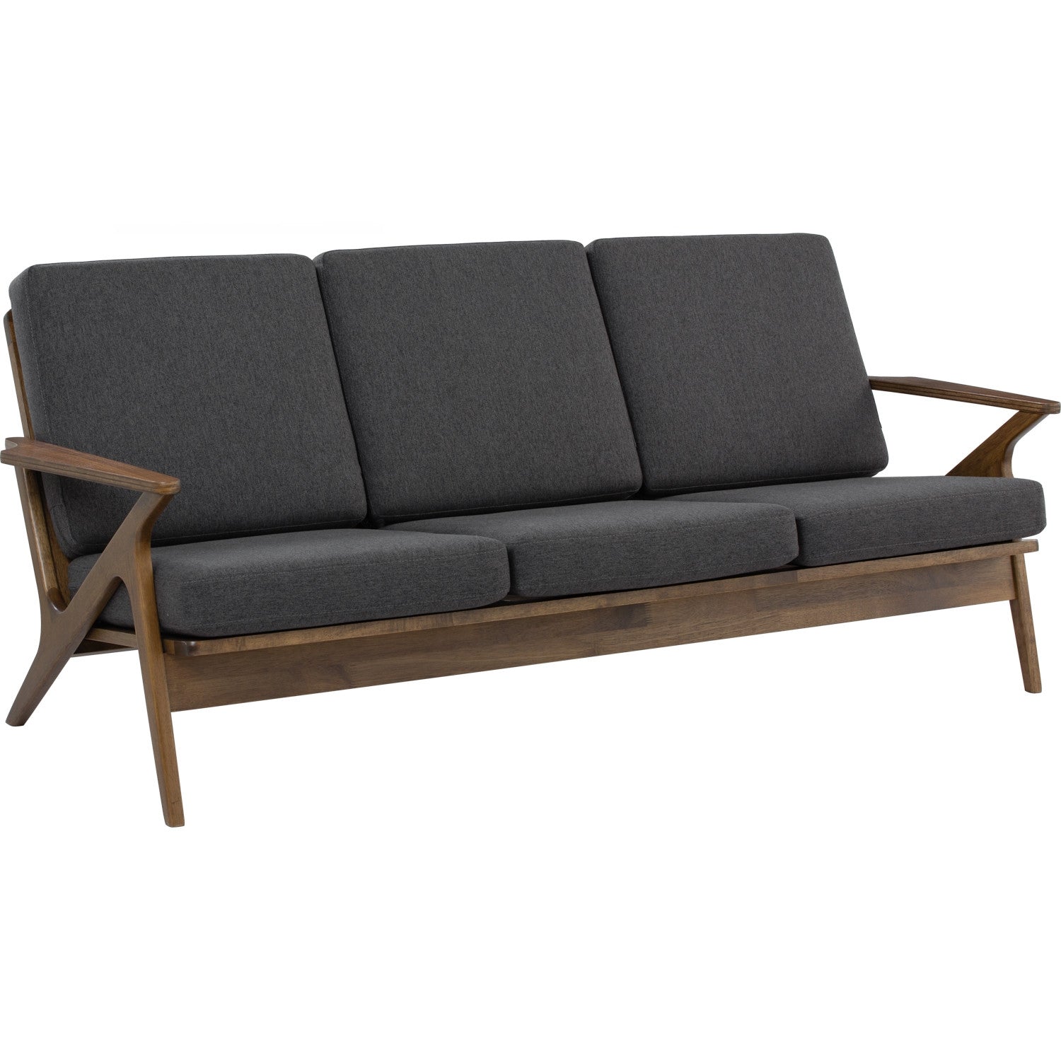 Aston 3 seater sofa in Cocoa colour frame, Walnut veneer handle with Seal colour Dimity fabric cushion.