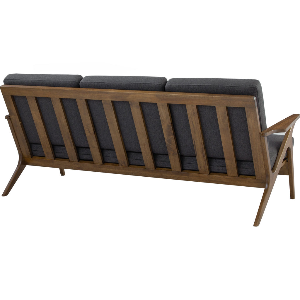 Aston 3 seater sofa in Cocoa colour frame, Walnut veneer handle with Seal colour Dimity fabric cushion.