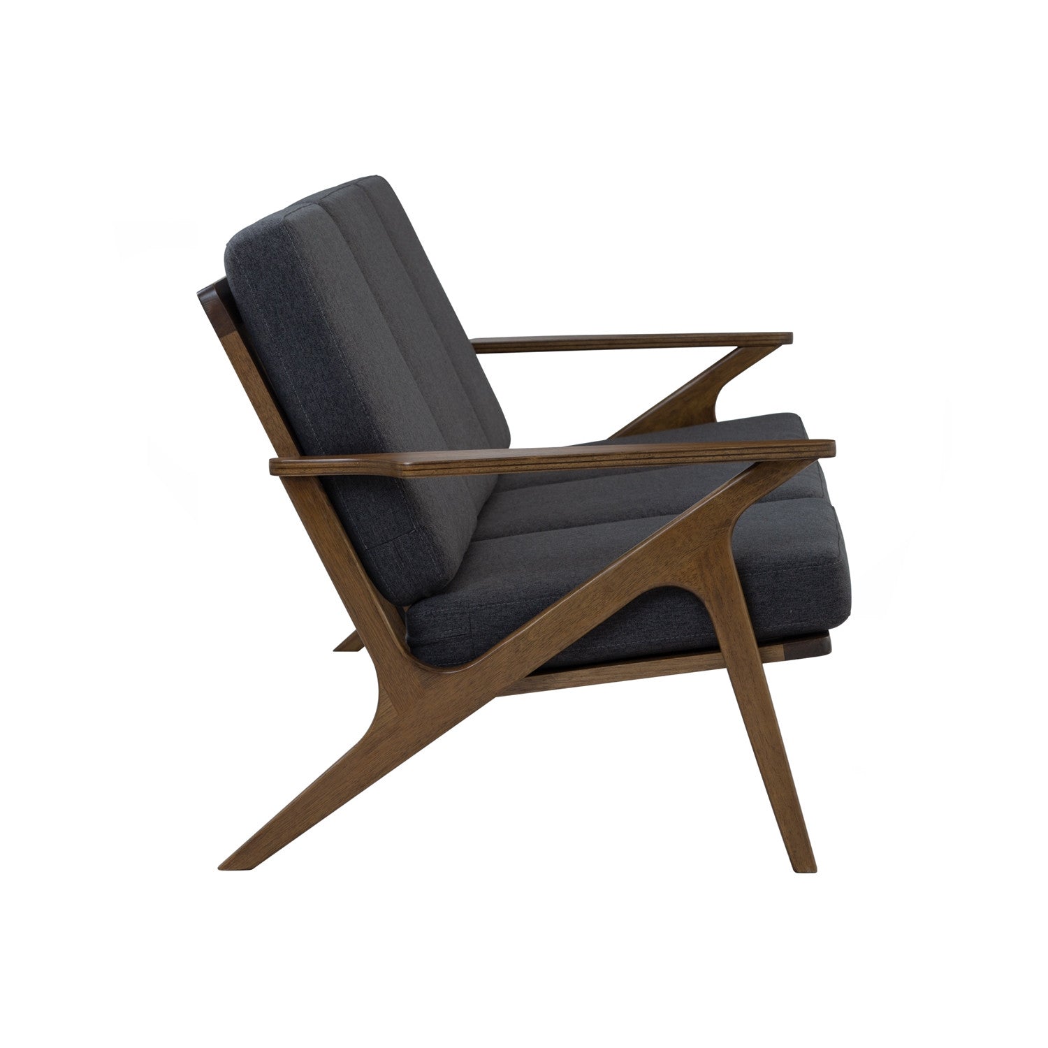 Aston 2 seater sofa in Cocoa colour frame, Walnut veneer handle with Seal colour Dimity fabric cushion